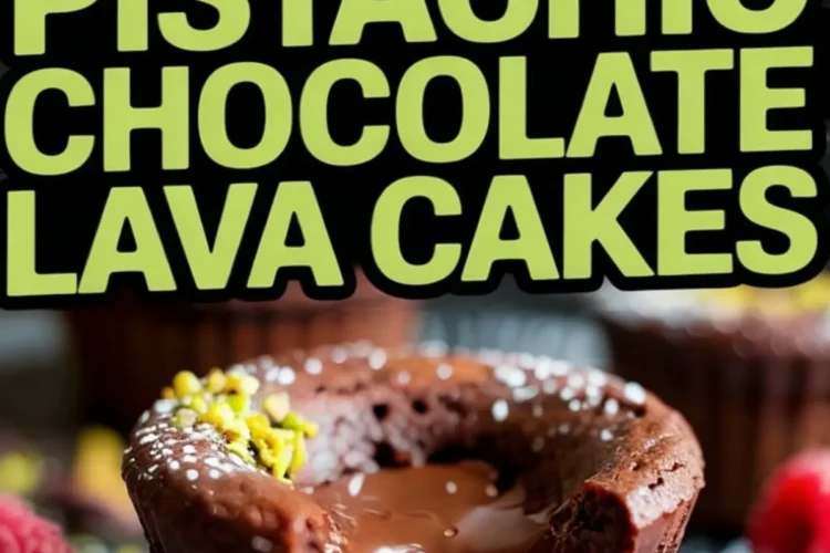 Close-up collage of rich pistachio chocolate lava cakes with a molten chocolate and green pistachio center, garnished with crushed pistachios and raspberries on a dark plate, with bold text reading “Pistachio Chocolate Lava Cakes.”