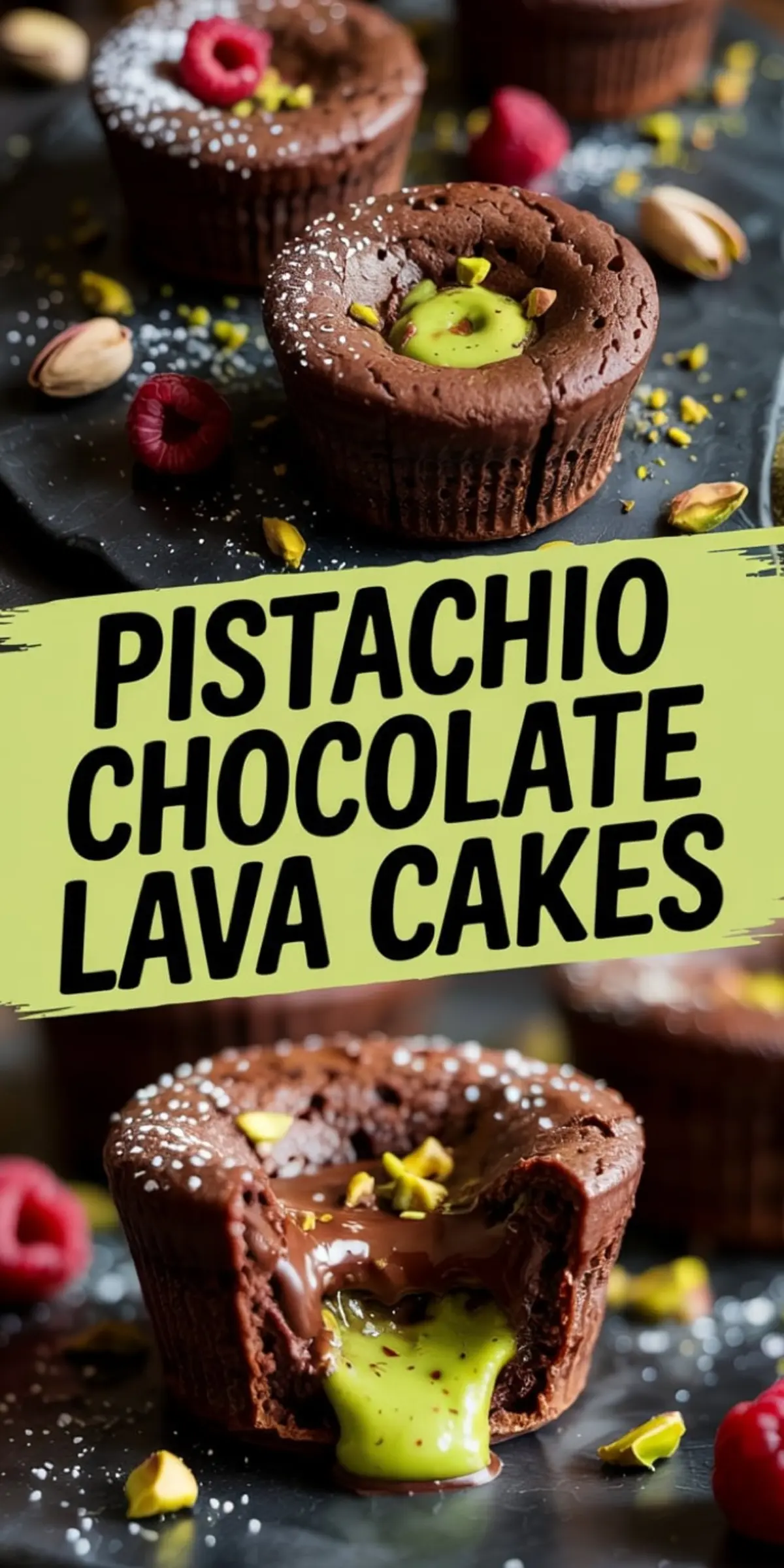Visual collage of molten pistachio chocolate lava cakes presented on a slate plate, showing green pistachio filling flowing from the center, with decorative powdered sugar, crushed nuts, and vibrant raspberries.