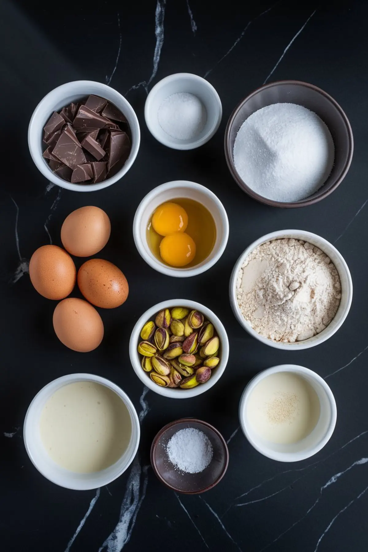 Flat lay of raw ingredients for pistachio chocolate lava cakes including eggs, chocolate, pistachios, sugar, flour, cream, and vanilla extract arranged in white bowls on a dark marble surface.