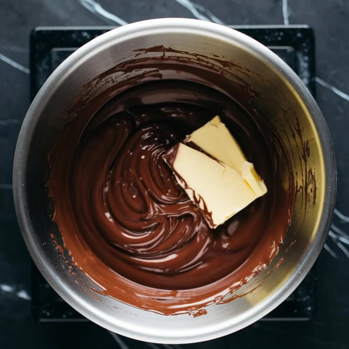Butter melting into smooth dark chocolate in a stainless steel saucepan, part of the preparation process for making molten chocolate batter.