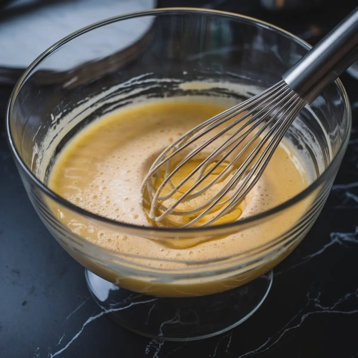 Light yellow egg mixture being whisked in a clear glass bowl on a black marble counter during the batter-making stage of lava cake preparation.