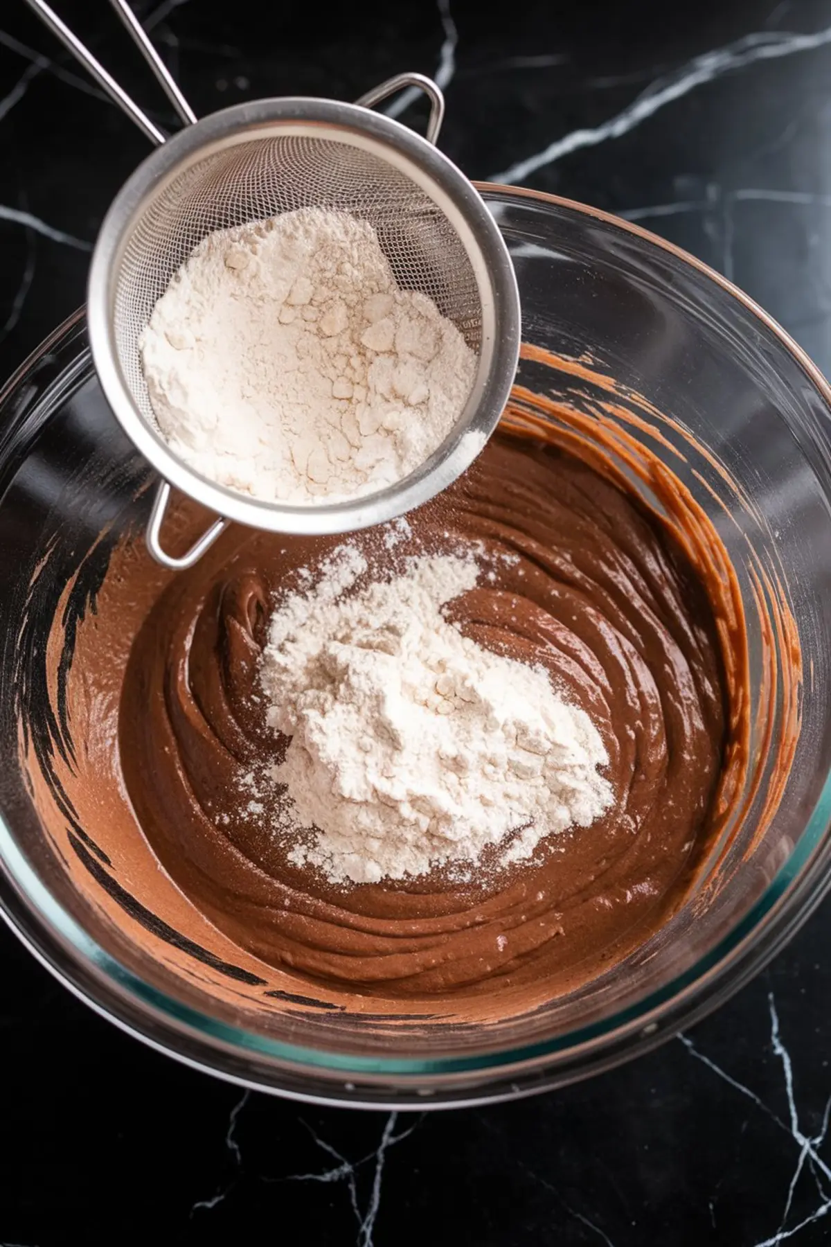 White flour being sifted into a thick chocolate batter in a glass bowl, an essential mixing step in creating chocolate lava cake base.