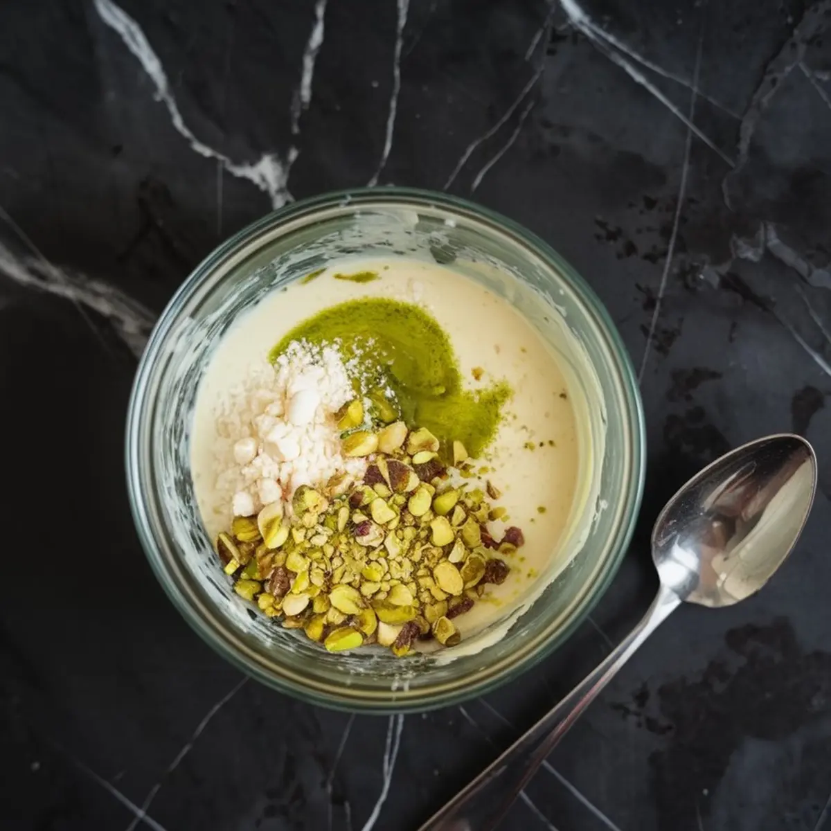 Chopped pistachios, flour, and green pistachio paste combined in a creamy base inside a glass bowl with a spoon, forming the signature lava filling.