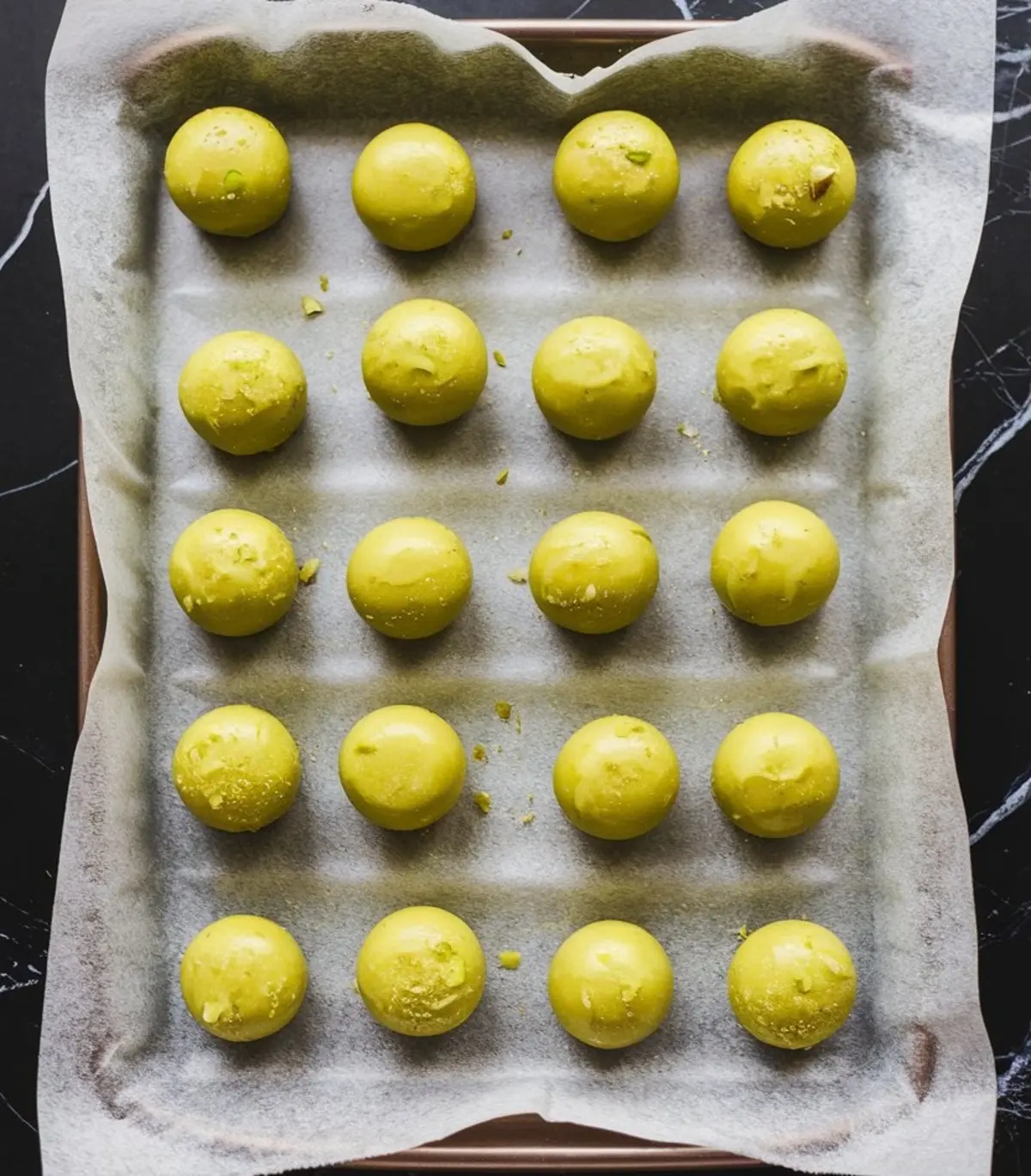 Uniform green pistachio filling balls lined up on a parchment-lined tray, ready to be frozen before being baked into molten lava cakes.