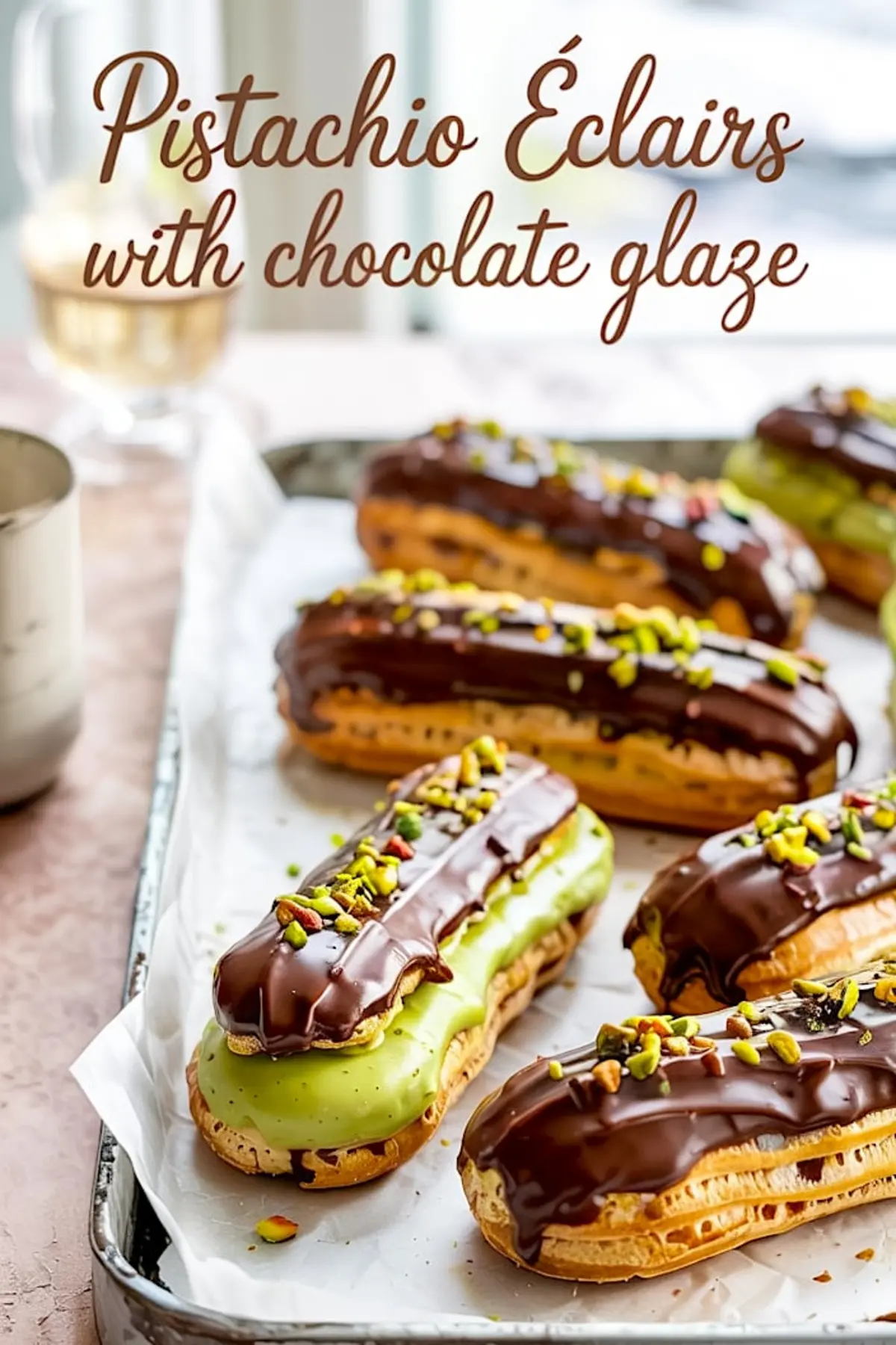 Tray of chocolate-dipped pistachio éclairs with green pistachio filling and chopped nuts, arranged on parchment paper for dessert presentation.