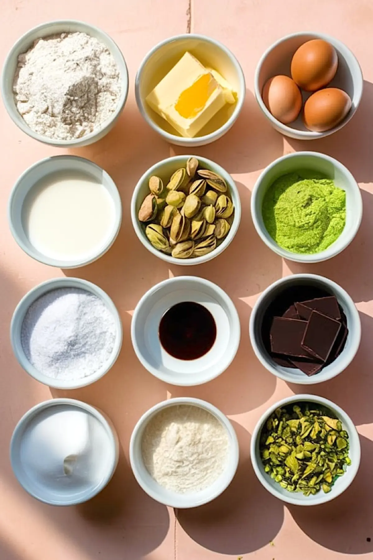 Flat lay of pistachio éclair ingredients in small white bowls, including flour, butter, eggs, milk, pistachios, pistachio powder, sugar, vanilla, dark chocolate, and chopped pistachios.