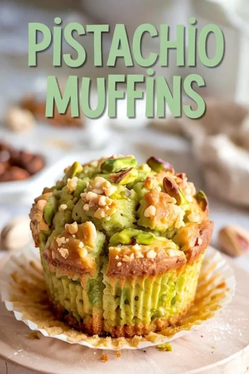 Golden pistachio muffins cooling on a wire rack, topped with chopped pistachios and peanuts, with soft green interiors and rustic paper liners on a light kitchen surface.