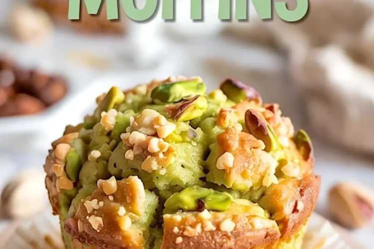 Golden pistachio muffins cooling on a wire rack, topped with chopped pistachios and peanuts, with soft green interiors and rustic paper liners on a light kitchen surface.