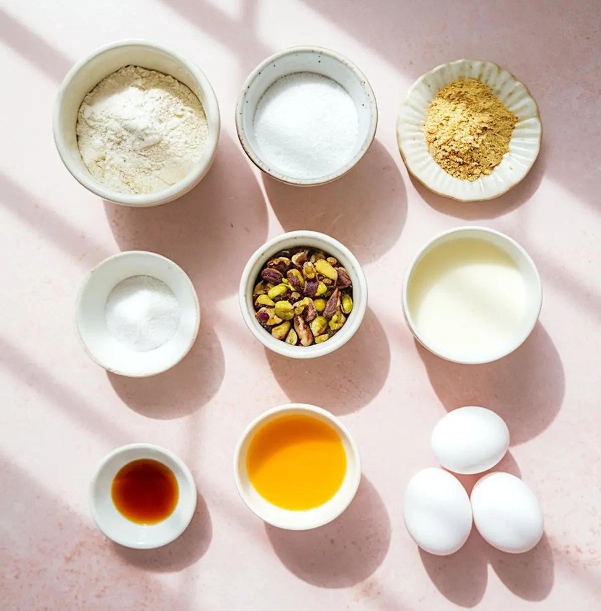 Flat lay of individual pistachio muffin ingredients including flour, sugar, baking powder, chopped pistachios, milk, eggs, vanilla extract, and oil, all in white bowls on a pink surface.