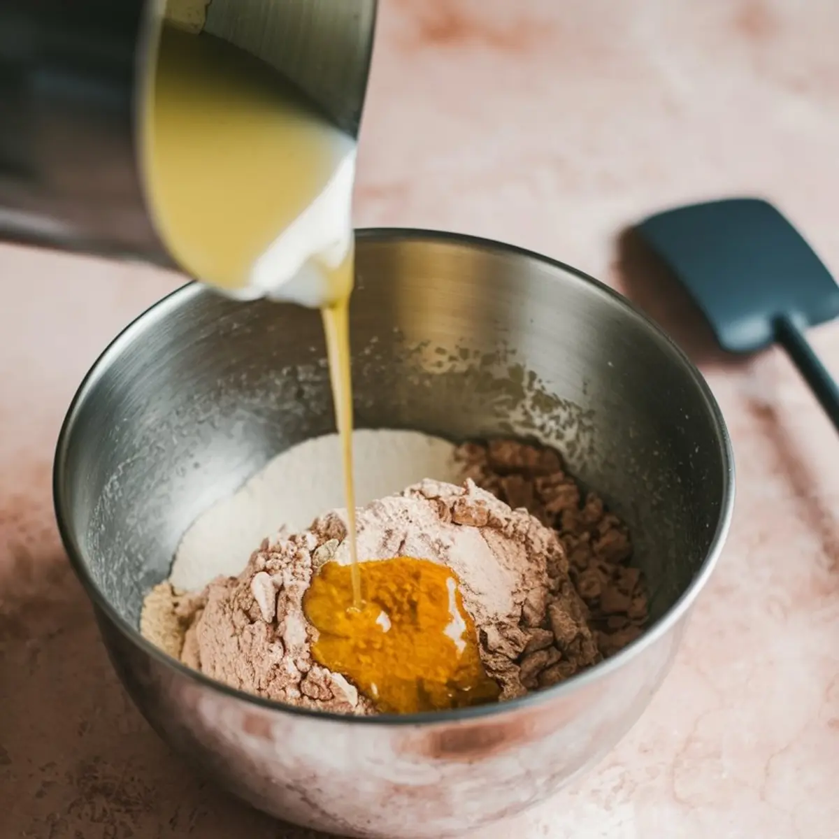 Melted butter being poured into a mixing bowl filled with pistachio muffin dry mix, featuring a rich amber liquid blending into flour and powdered pistachios.