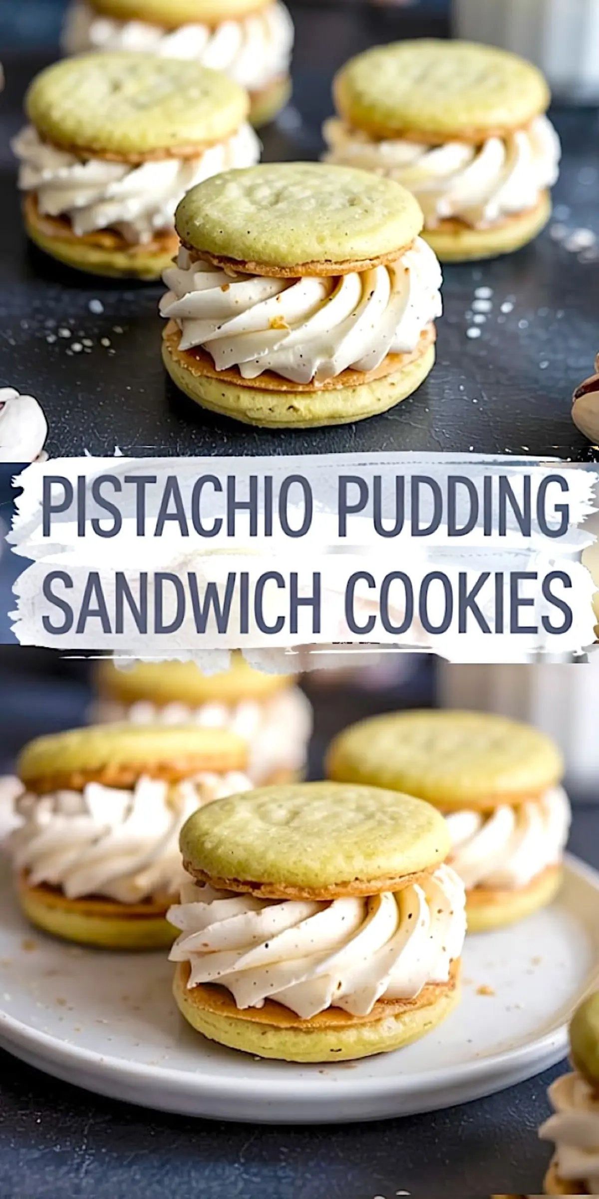 Close-up of pistachio pudding sandwich cookies filled with piped vanilla cream, displayed on a dark surface with a rustic background.