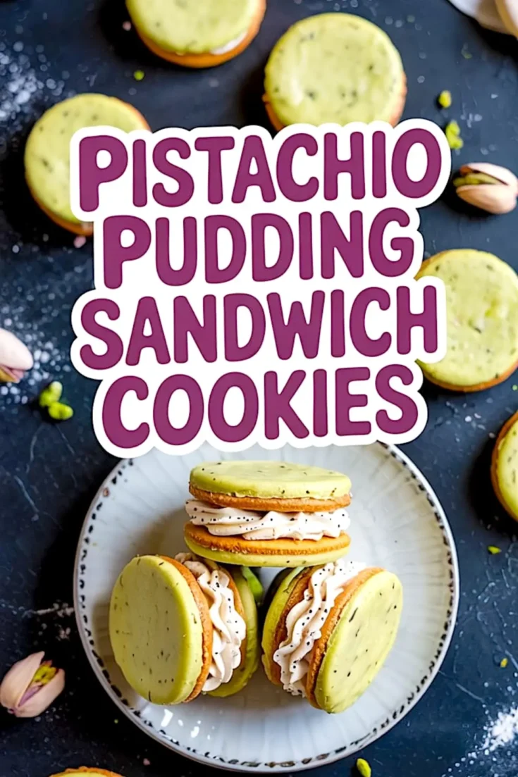 Overhead view of pistachio pudding sandwich cookies arranged on a white plate, surrounded by whole pistachios and scattered cookie pieces on a dark slate surface.
