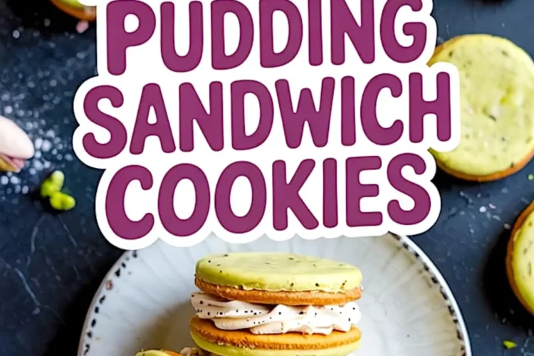 Overhead view of pistachio pudding sandwich cookies arranged on a white plate, surrounded by whole pistachios and scattered cookie pieces on a dark slate surface.