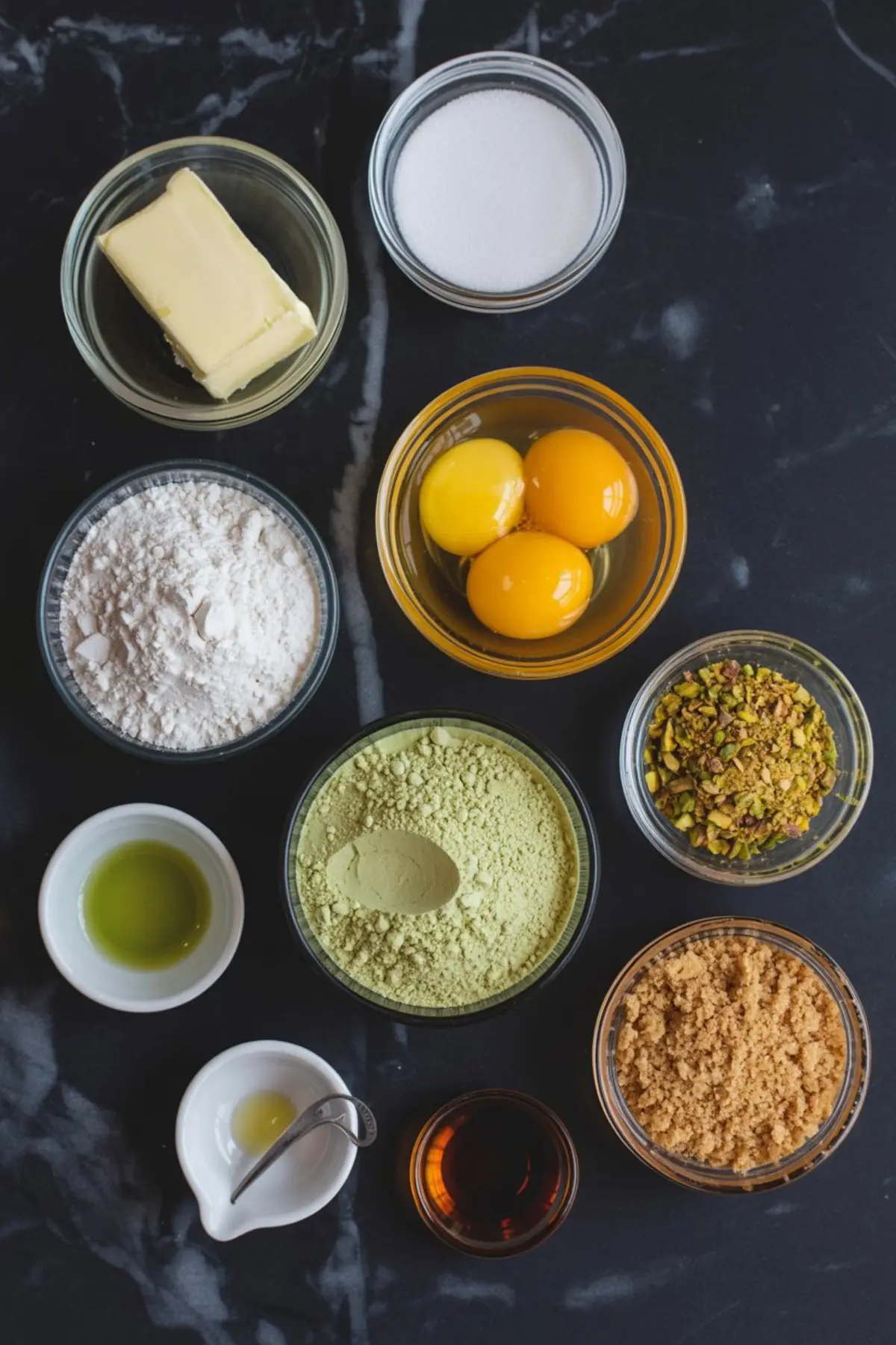 Flat lay of baking ingredients in glass bowls, including butter, sugar, egg yolks, flour, pistachio pudding mix, chopped pistachios, brown sugar, oil, and vanilla extract on a black marble background.