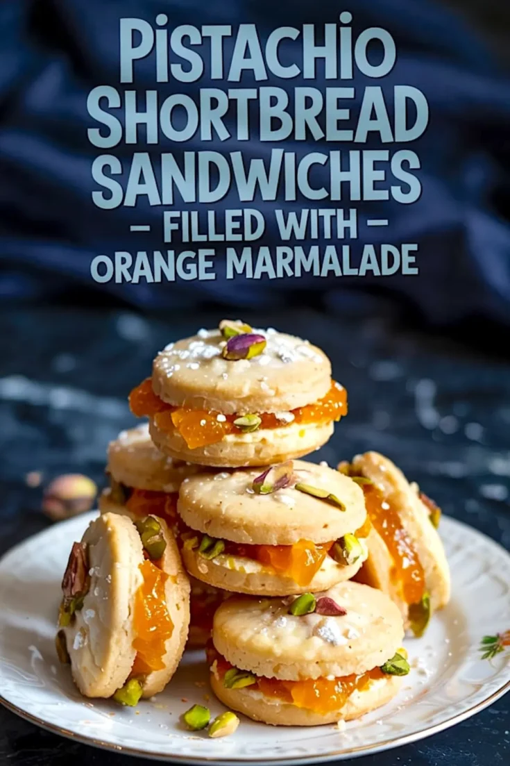 A stack of pistachio shortbread sandwich cookies filled with orange marmalade, topped with crushed pistachios and powdered sugar, arranged on a white plate with a dark moody background and bold text overlay.