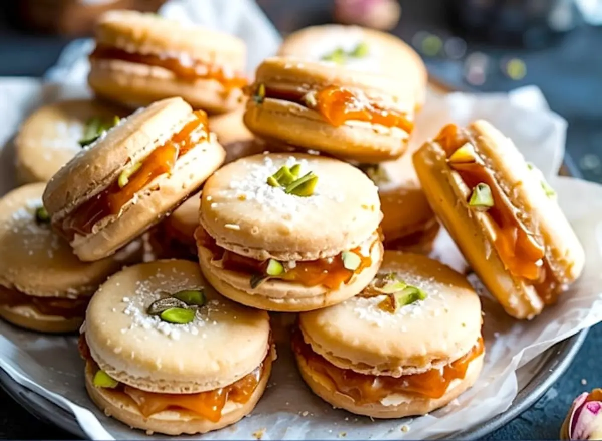 A plate of pistachio shortbread sandwich cookies filled with vibrant orange marmalade, garnished with chopped pistachios and dusted with powdered sugar, displayed on parchment paper.