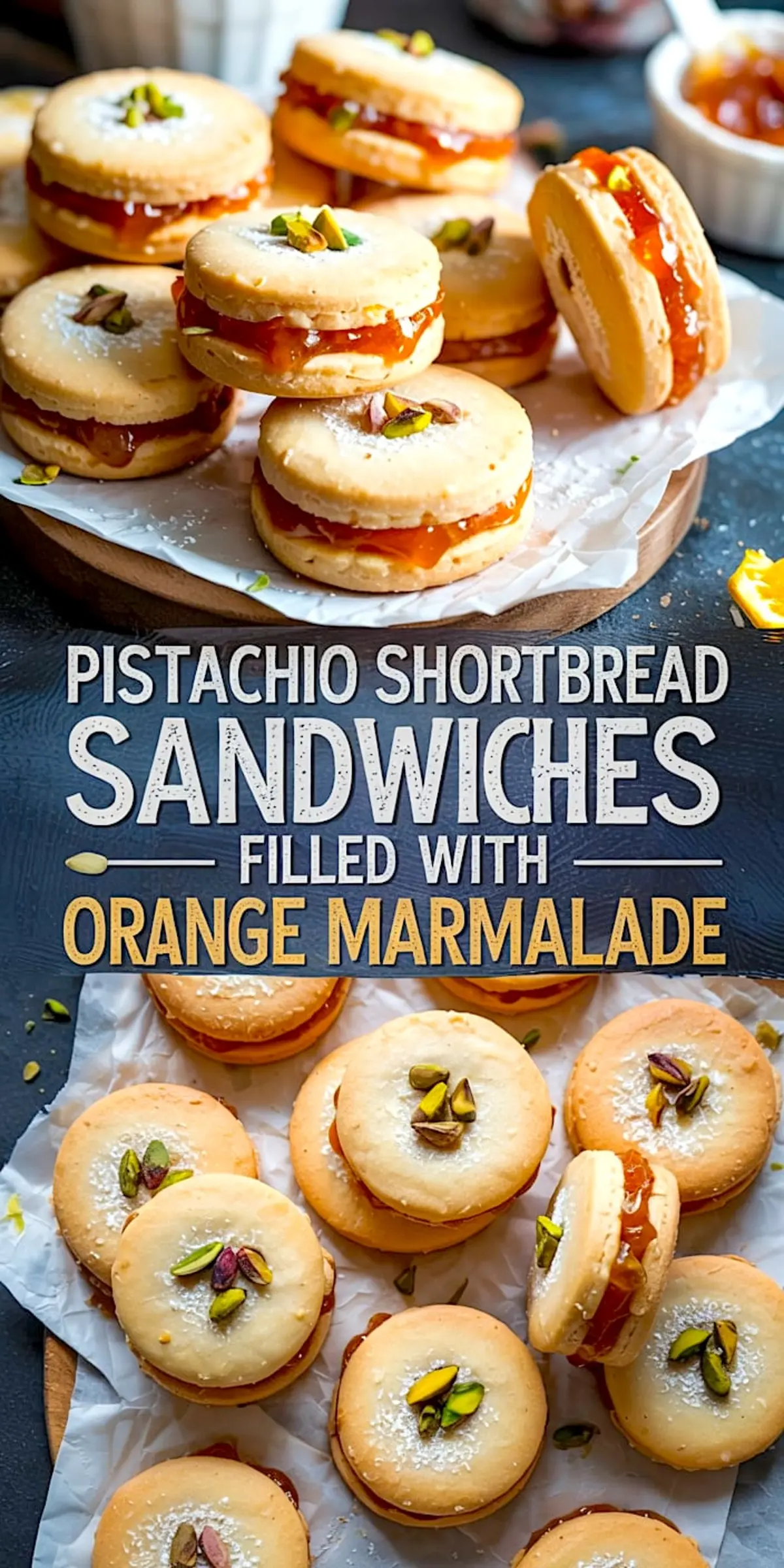A Pinterest-optimized collage showing close-up and top-down views of pistachio shortbread sandwich cookies filled with glossy orange marmalade, featuring sprinkled pistachios and powdered sugar, with bold recipe text centered between the images.