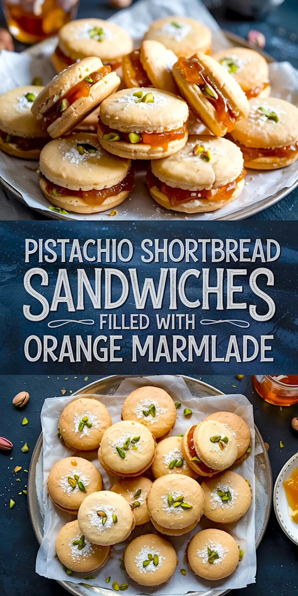 A collage featuring a close-up view and an overhead shot of golden pistachio shortbread sandwich cookies layered with orange marmalade and decorated with chopped pistachios and powdered sugar, highlighted by dark blue text graphics.
