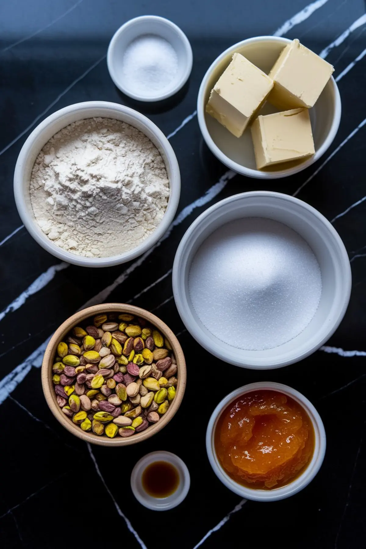 A flat lay of baking ingredients on a black marble surface, including flour, sugar, butter, salt, vanilla extract, shelled pistachios, and a bowl of orange marmalade.
