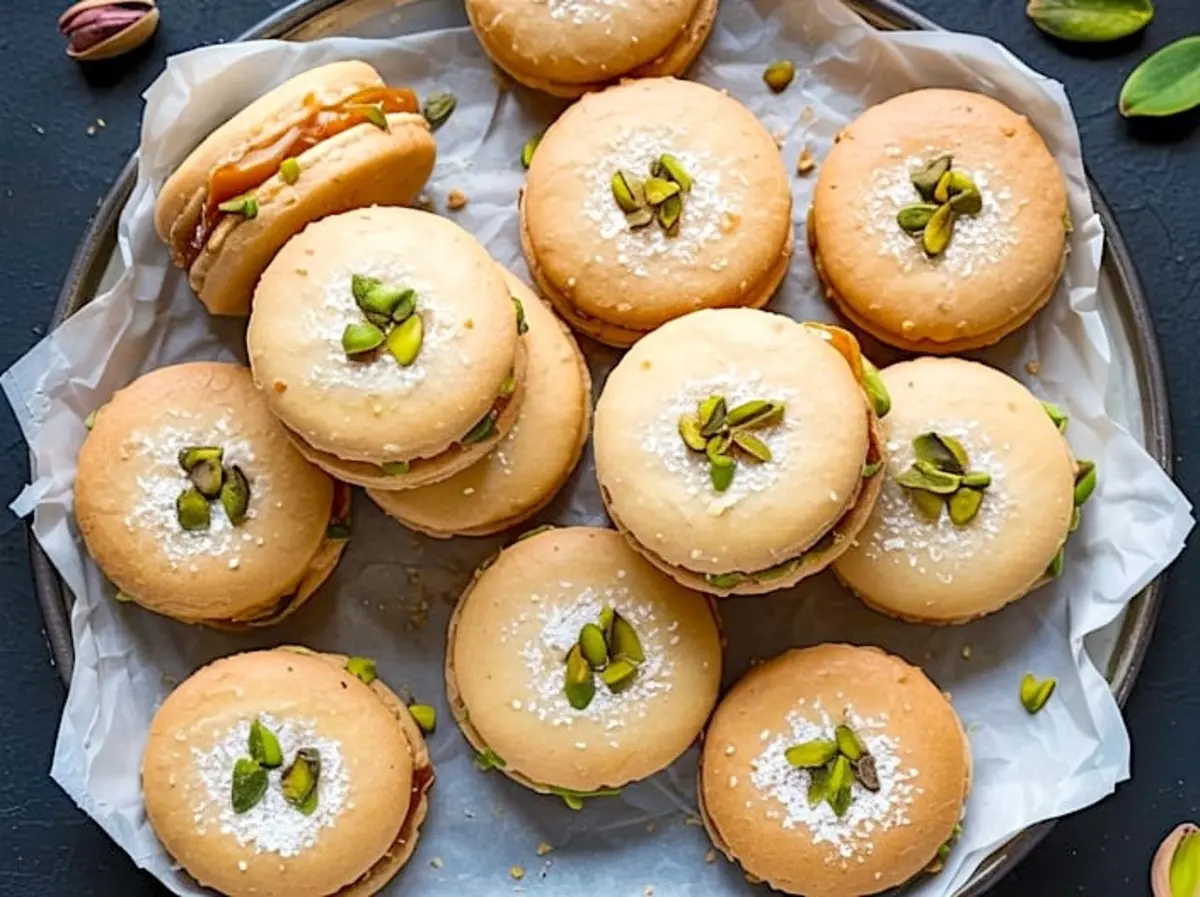 A round tray filled with pistachio shortbread sandwich cookies topped with chopped pistachios and powdered sugar, neatly arranged on crumpled parchment paper.