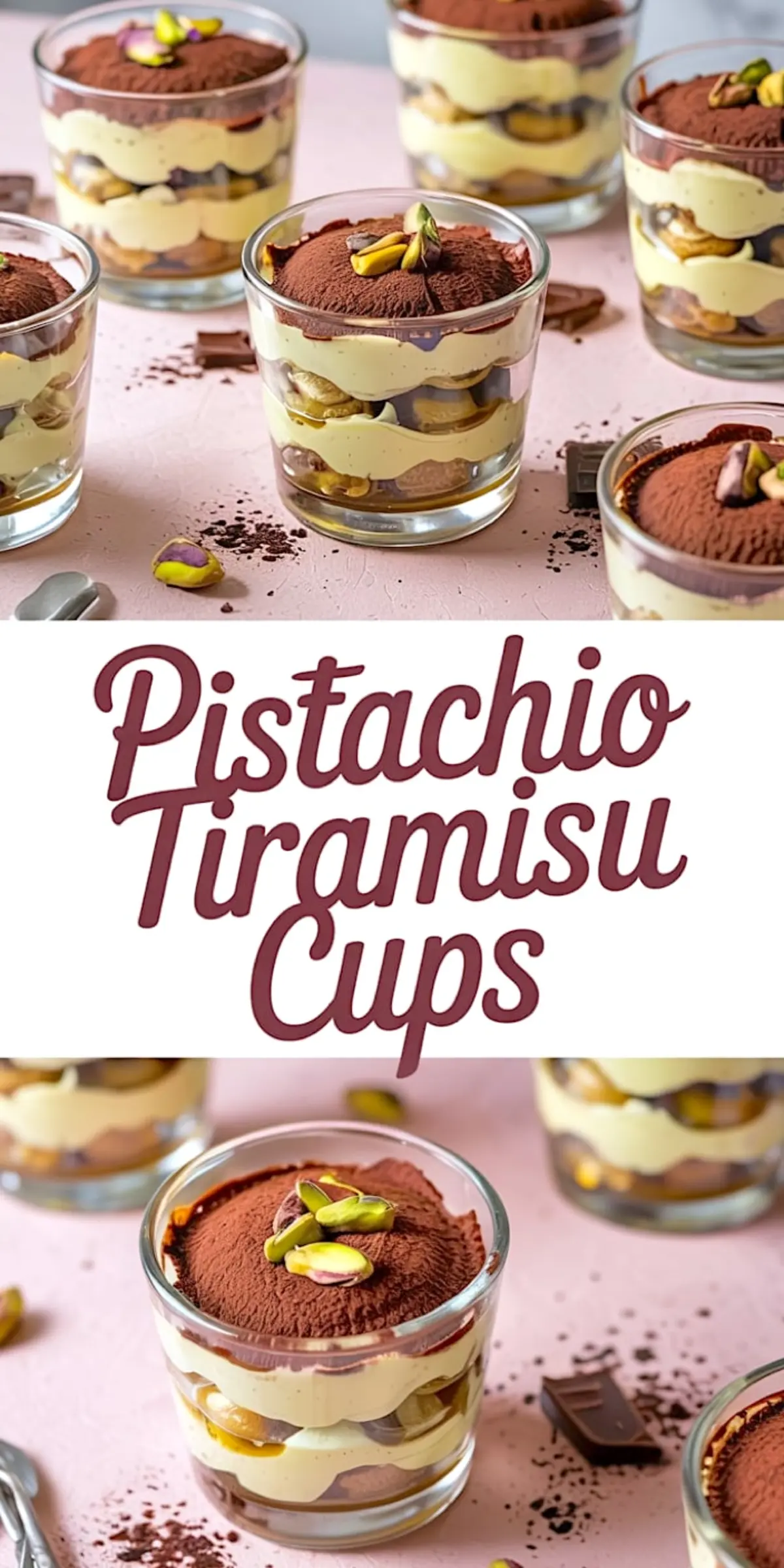 Collage of pistachio tiramisu cups in clear glasses, featuring layers of mascarpone cream, espresso-soaked ladyfingers, and cocoa powder, topped with chopped pistachios on a pink background.
