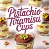 Pistachio tiramisu cups with visible layers of green mascarpone cream, ladyfingers, and cocoa powder, topped with chopped pistachios, arranged around a bold “Pistachio Tiramisu Cups” text overlay on a pastel surface.