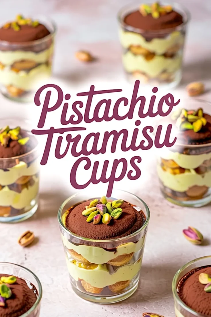 Pistachio tiramisu cups with visible layers of green mascarpone cream, ladyfingers, and cocoa powder, topped with chopped pistachios, arranged around a bold “Pistachio Tiramisu Cups” text overlay on a pastel surface.