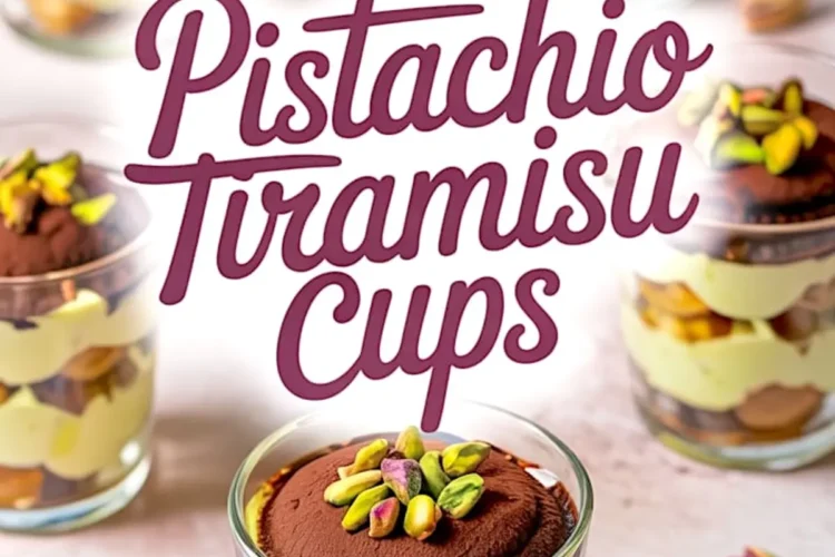 Pistachio tiramisu cups with visible layers of green mascarpone cream, ladyfingers, and cocoa powder, topped with chopped pistachios, arranged around a bold “Pistachio Tiramisu Cups” text overlay on a pastel surface.
