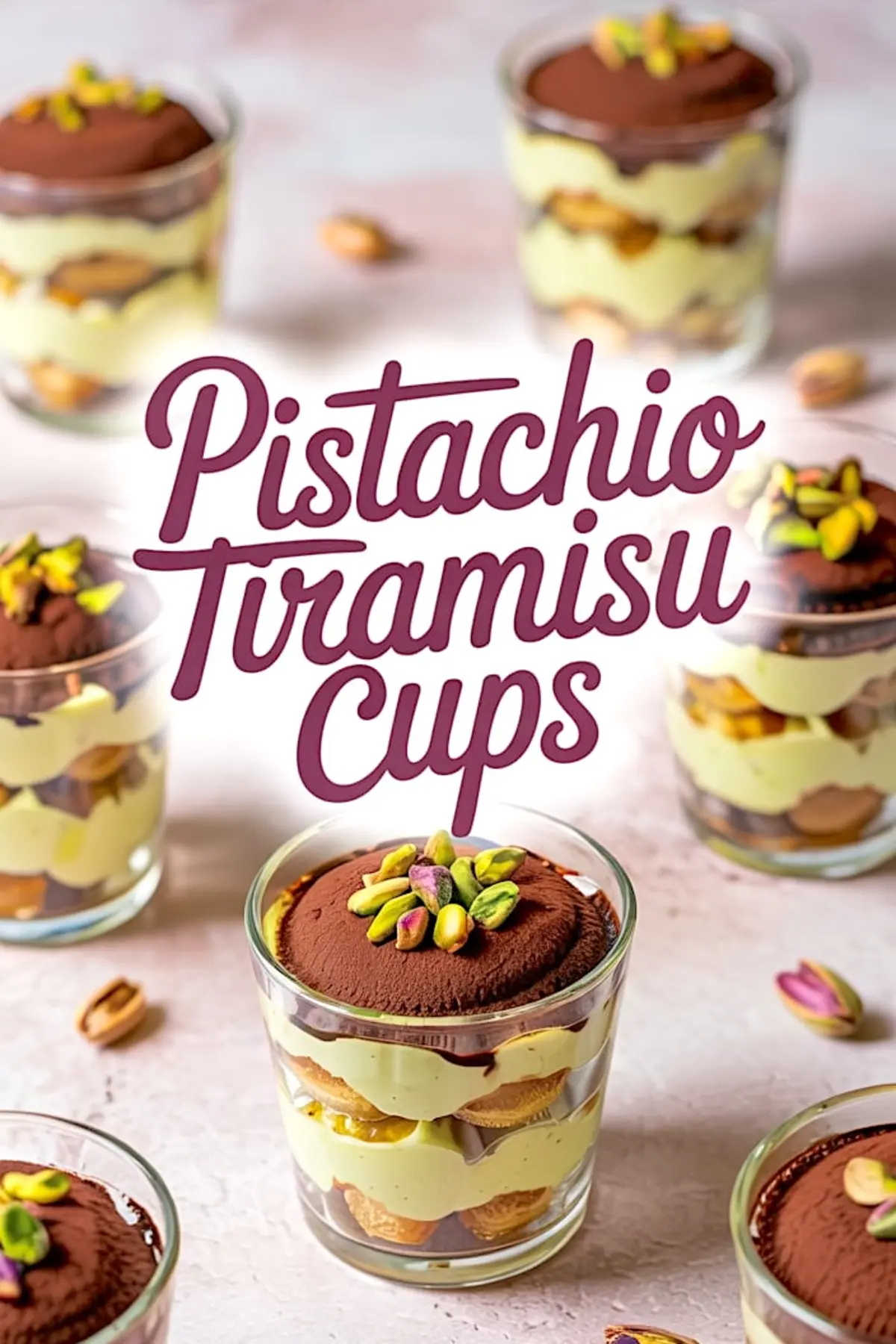 Pistachio tiramisu cups with visible layers of green mascarpone cream, ladyfingers, and cocoa powder, topped with chopped pistachios, arranged around a bold “Pistachio Tiramisu Cups” text overlay on a pastel surface.