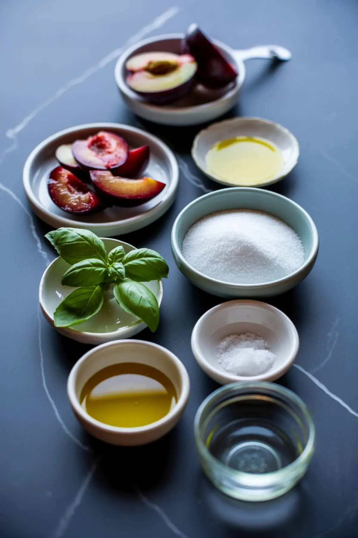 Flat lay of plum sorbet ingredients on a black countertop including fresh plums, basil leaves, sugar, olive oil, salt, and vinegar in small bowls.