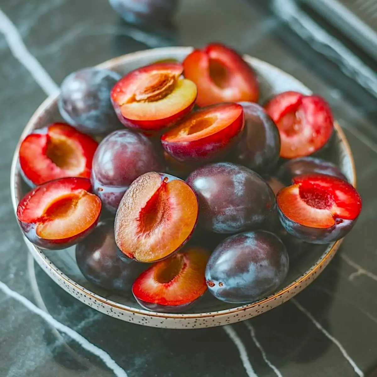 Ceramic bowl filled with fresh whole and halved plums showing juicy red interiors and dark purple skins, set on a dark stone surface.
