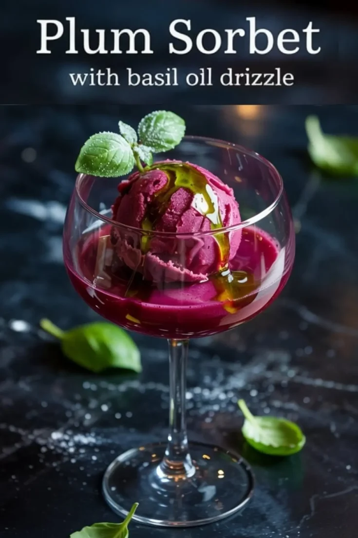Single glass of plum sorbet with basil oil drizzle and basil garnish, highlighted with the text “Plum Sorbet with Basil Oil Drizzle” on a moody background.