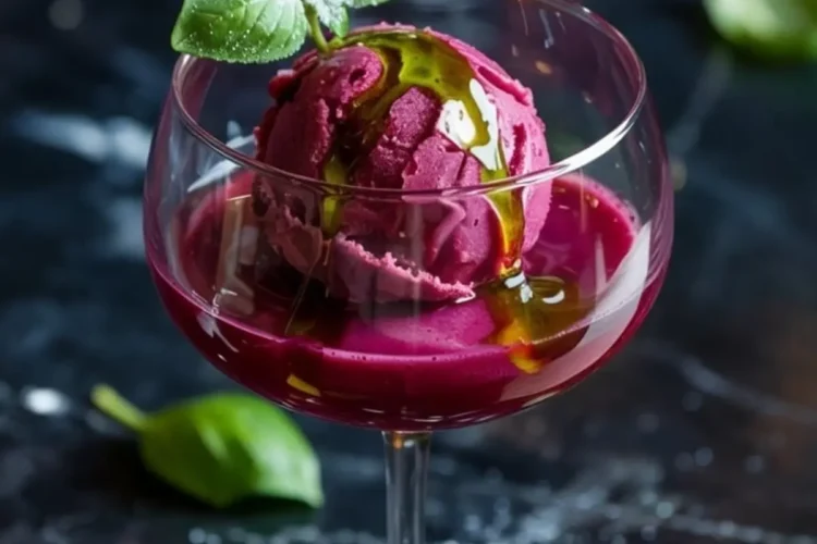 Single glass of plum sorbet with basil oil drizzle and basil garnish, highlighted with the text “Plum Sorbet with Basil Oil Drizzle” on a moody background.