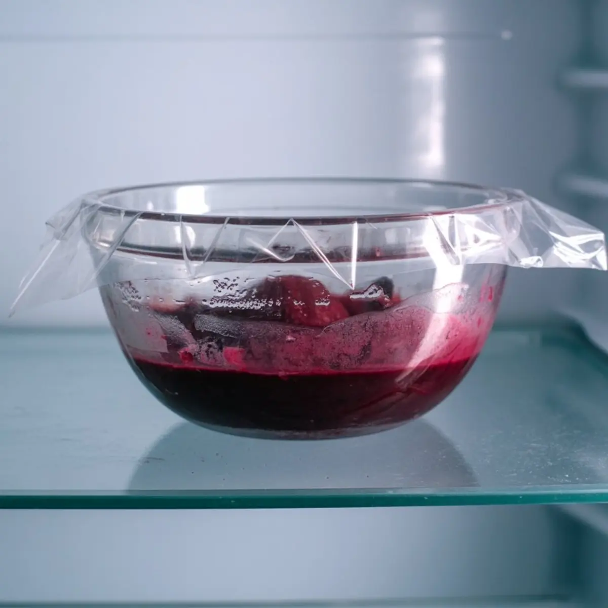 Glass bowl of plum mixture covered with plastic wrap, placed in a refrigerator for chilling, with visible condensation on the bowl’s surface.