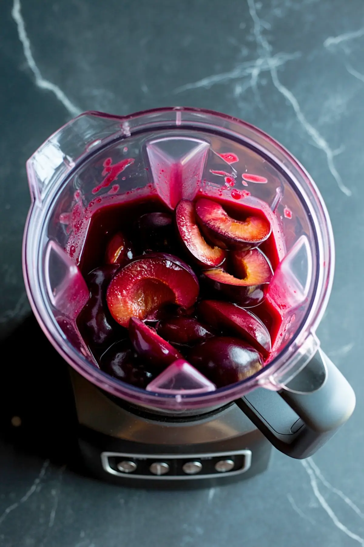 Overhead view of a blender filled with halved ripe plums, showing vibrant purple-red fruit ready for blending on a dark marble countertop.
