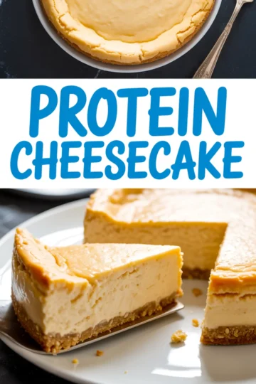 Vertical collage showing a whole protein cheesecake with a browned edge in a baking pan and a plated slice with a dense oat crust, paired with “Protein Cheesecake” text in the middle.