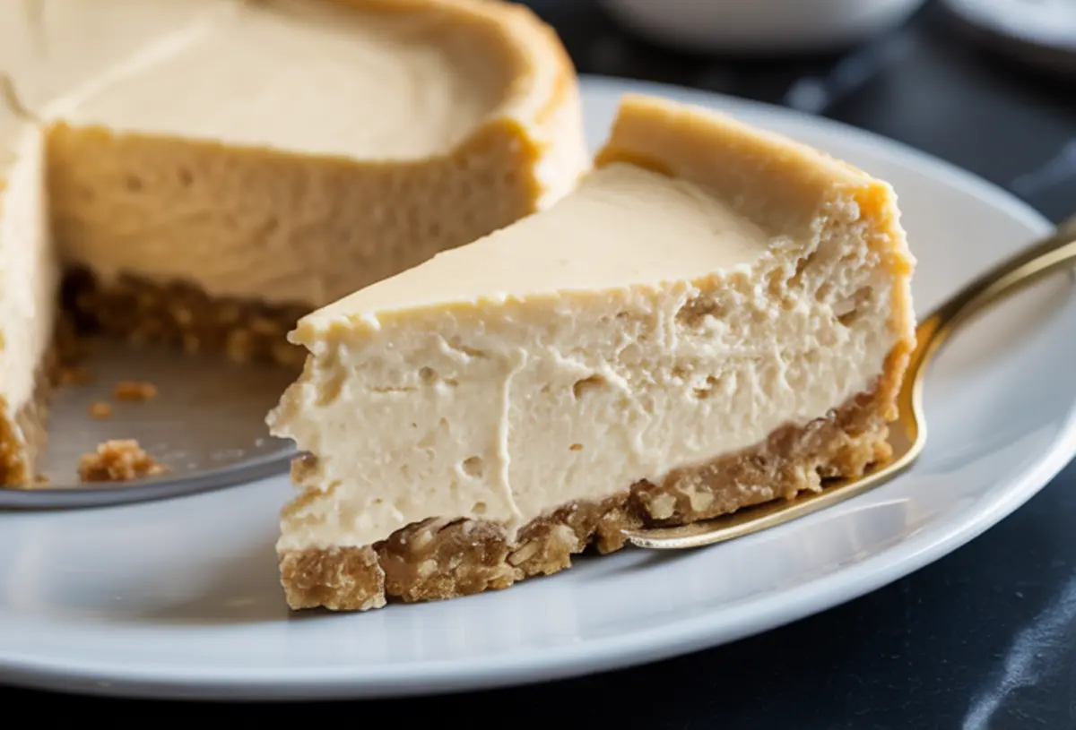 Close-up of a plated protein cheesecake slice lifted from the pan, showing smooth filling and textured oat crust, presented on a white dish for healthy dessert content.