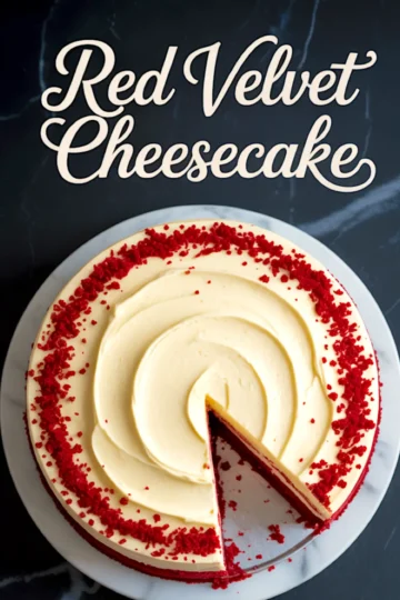 Overhead view of a whole red velvet cheesecake with cream cheese frosting and red cake crumbs around the edge, with one slice removed, displayed on a white marble cake stand with “Red Velvet Cheesecake” text above.