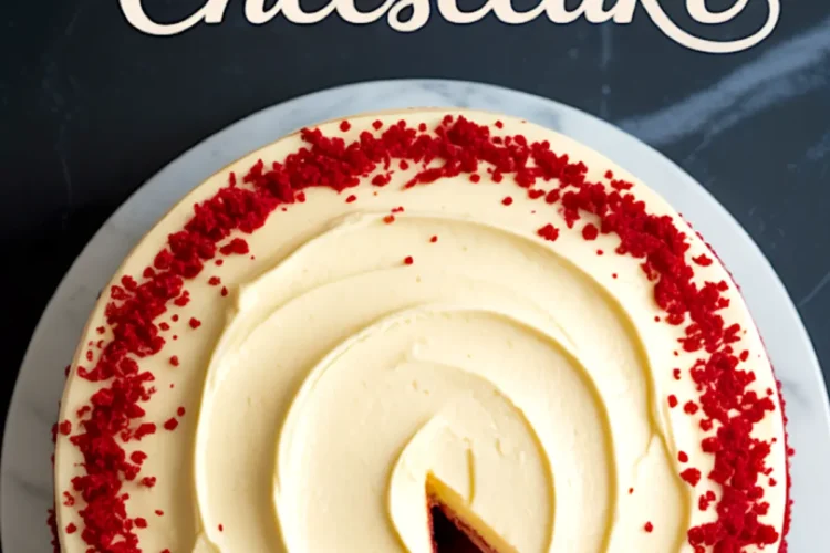 Overhead view of a whole red velvet cheesecake with cream cheese frosting and red cake crumbs around the edge, with one slice removed, displayed on a white marble cake stand with “Red Velvet Cheesecake” text above.