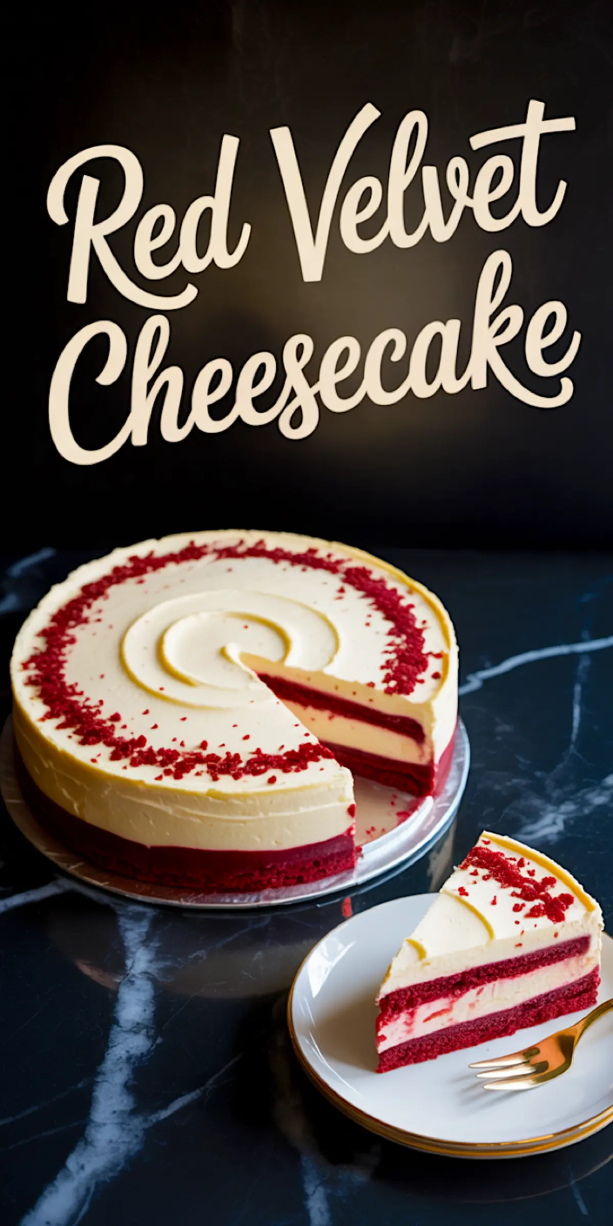 Side view of a sliced red velvet cheesecake showing layered red velvet cake and cheesecake filling, topped with smooth cream cheese frosting and red crumbs, with a plated slice on the side, placed on a dark marble background and labeled “Red Velvet Cheesecake.”