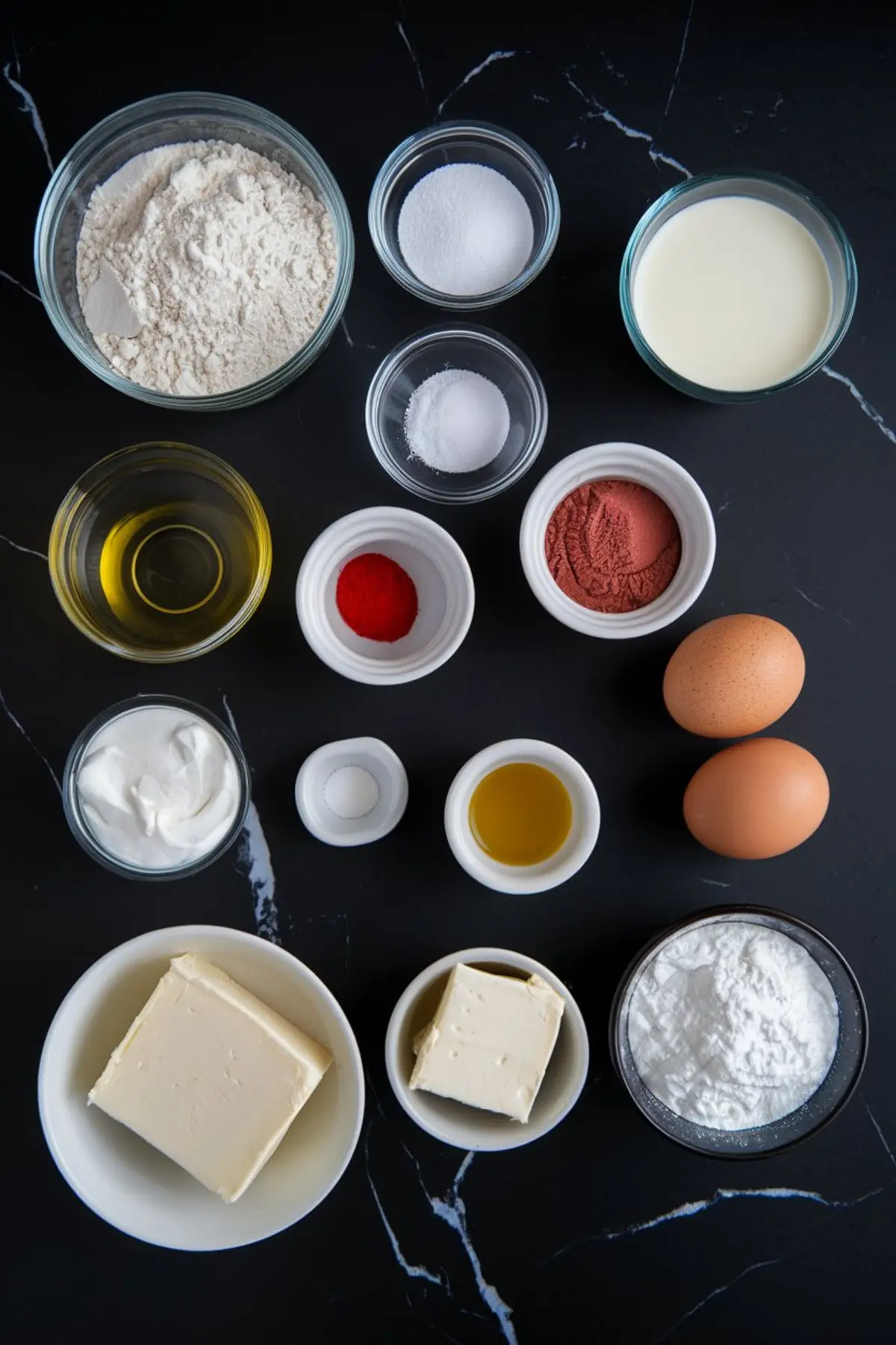 Flat lay of red velvet cheesecake ingredients on a black marble background, including flour, sugar, cocoa powder, eggs, butter, cream cheese, sour cream, milk, vinegar, oil, and food coloring in glass and ceramic bowls.