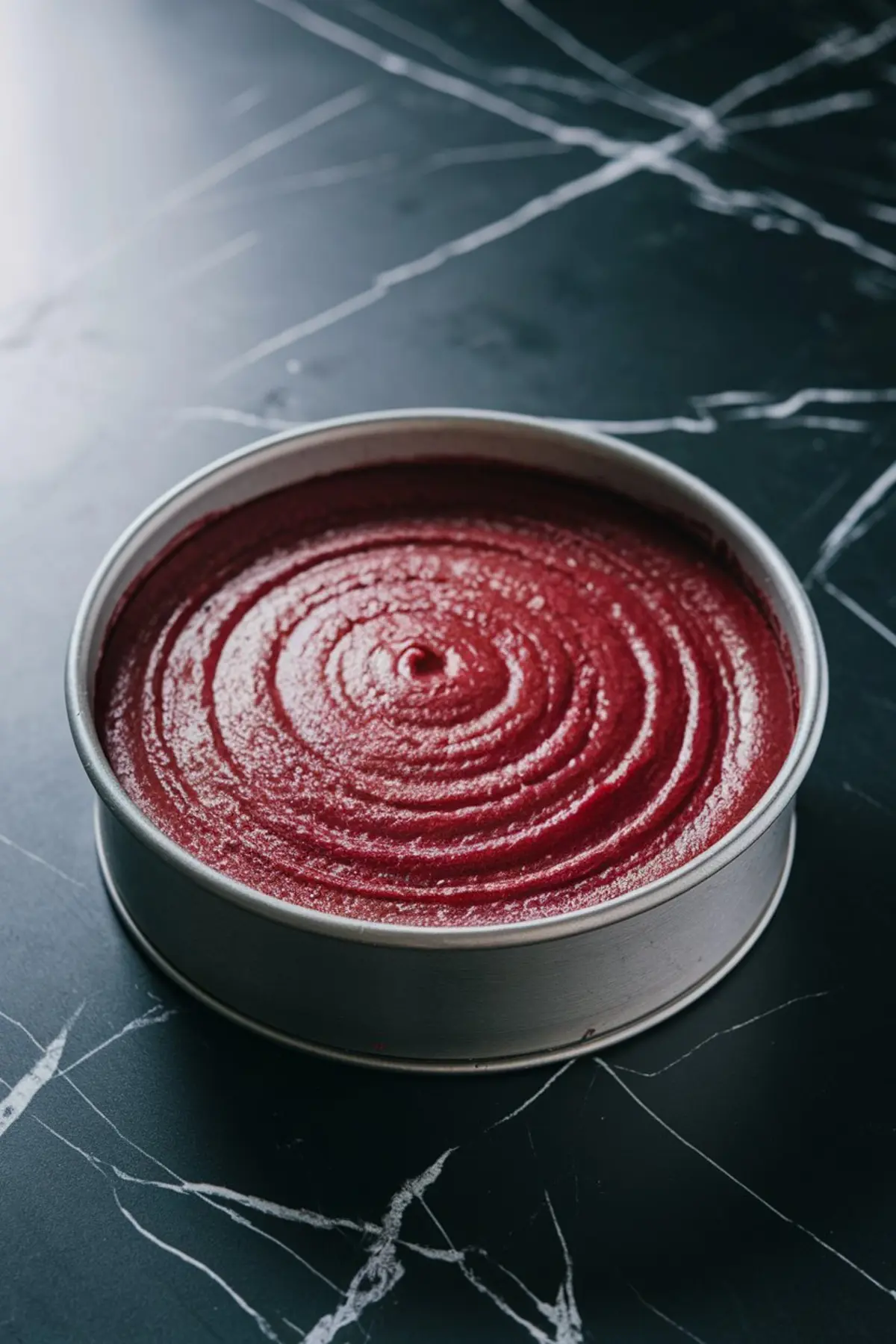 Unbaked red velvet cheesecake batter in a round metal cake pan, swirled into a spiral pattern on top, resting on a dark marble surface.