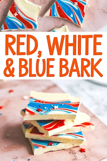 Collage showing red, white, and blue chocolate bark with patriotic star sprinkles, featuring stacked and broken pieces on a pink surface with bold text in the center. The candy bark showcases marbled swirls of white chocolate with vibrant red and blue food coloring, styled for Fourth of July desserts and festive treats.