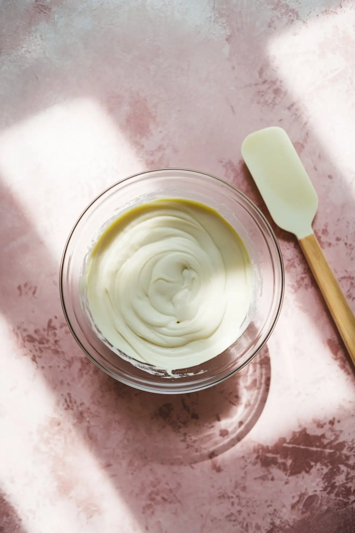 Glass bowl of melted white chocolate swirled into a smooth mixture, placed on a light pink surface beside a silicone spatula with a wooden handle. The setup captures a baking process scene under natural light, ideal for homemade candy or dessert preparation visuals.