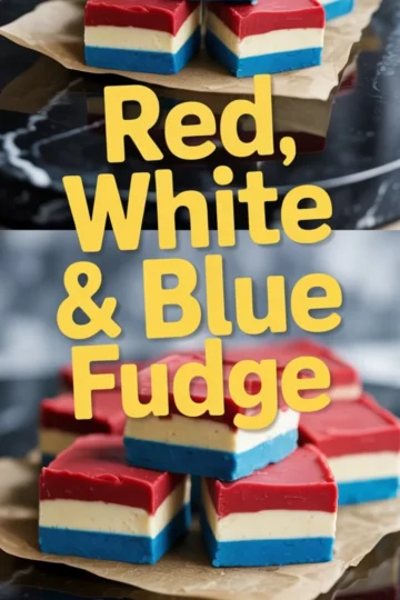 Stacked red, white, and blue fudge squares with clean, defined layers of red topping, white center, and bold blue base, styled on a dark background to highlight the festive colors, perfect for Independence Day dessert ideas.