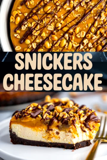 Collage with a close-up top view of a peanut and chocolate-drizzled Snickers cheesecake and a side view slice, paired with bold “Snickers Cheesecake” text.