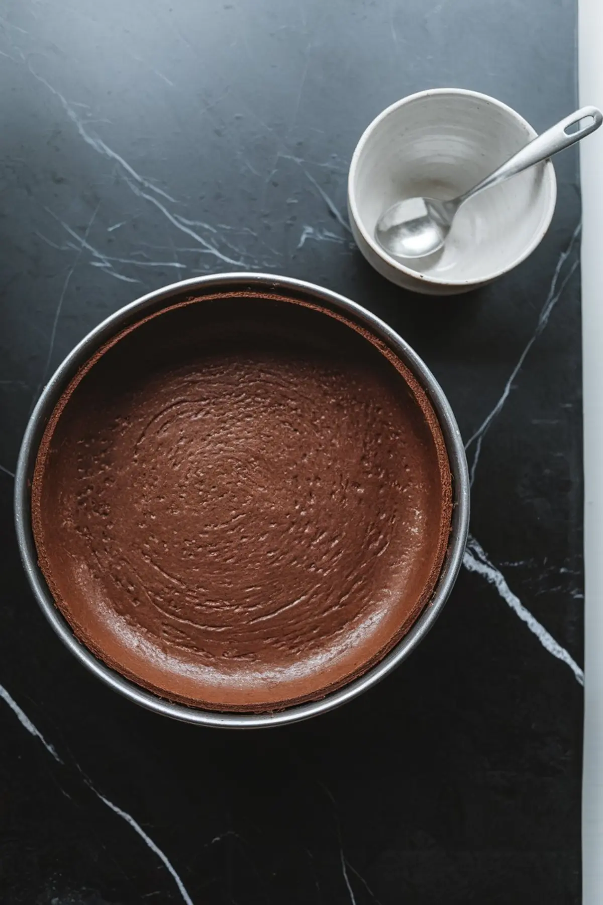 Baked chocolate cheesecake base inside a round springform pan set on a dark surface, with a small white bowl and spoon nearby.