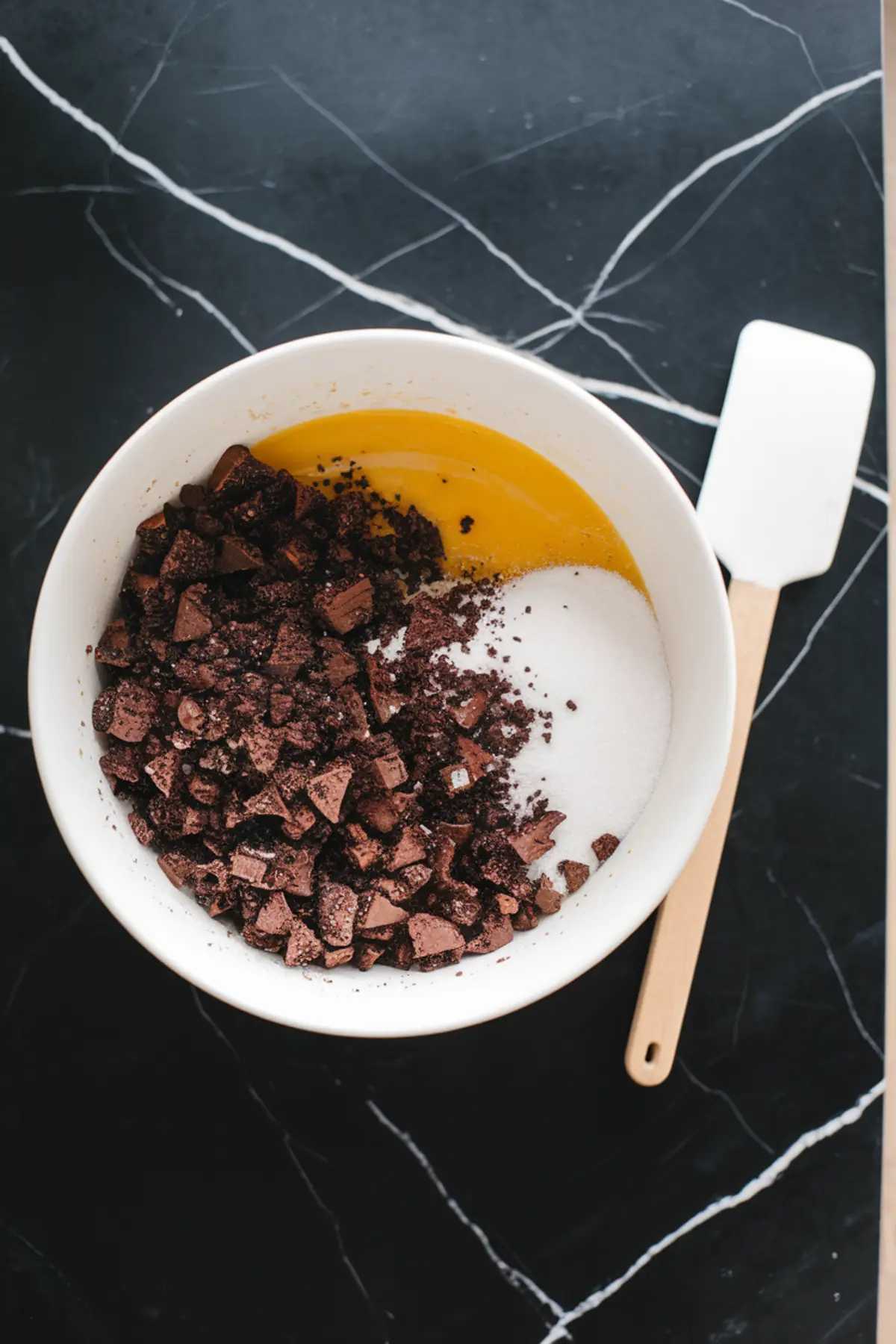 Top-down shot of a white mixing bowl containing melted butter, granulated sugar, and chopped chocolate pieces on a black marble countertop with a white spatula beside it.