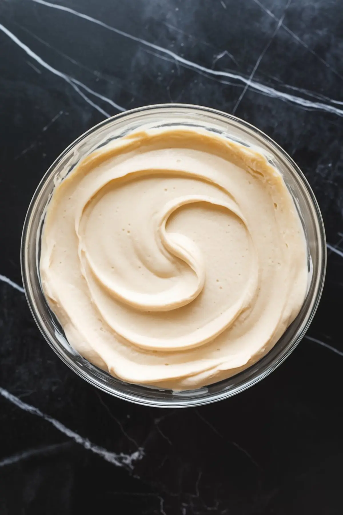 Glass bowl filled with swirled peanut butter cheesecake batter showing creamy texture, placed on a dark marble surface.