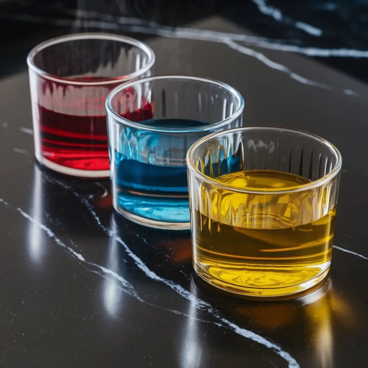 Three glass cups filled with transparent red, blue, and yellow liquid gelatin mixtures, placed on a black marble countertop.
